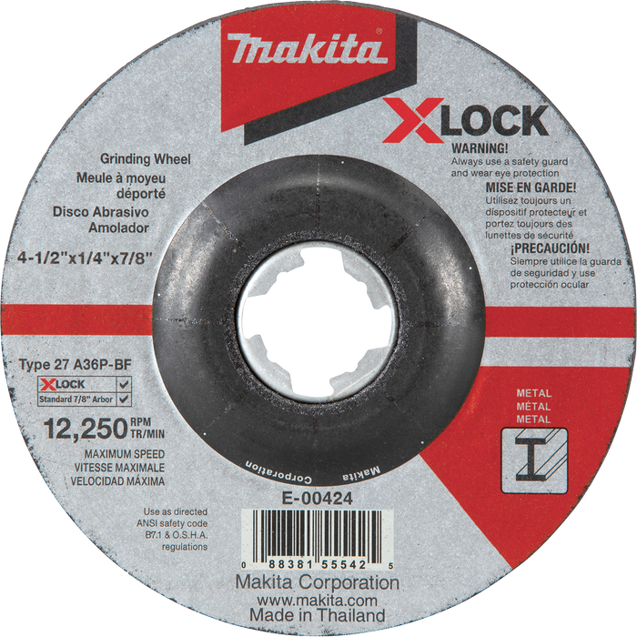 X‑LOCK 4‑1/2" x 1/4" x 7/8" Type 27 General Purpose 36 Grit Metal Abrasive Grinding Wheel