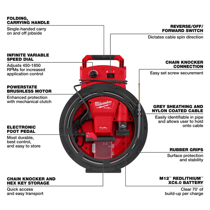 M12 FUEL™ High Speed Chain Snake for 1-1/4”-2” Pipes