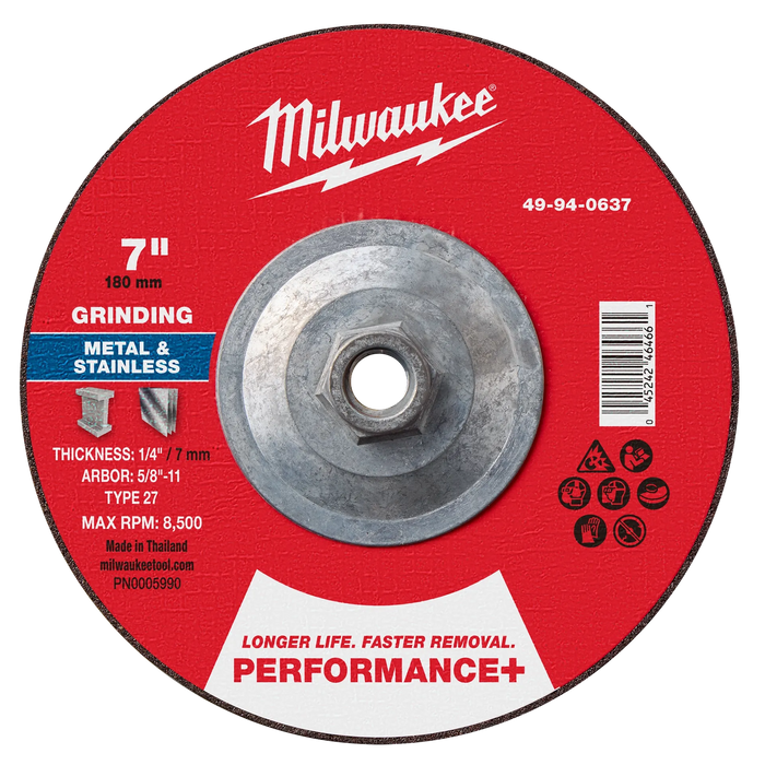 7" x 1/4" x 5/8"-11 Performance+ Metal Grinding Wheel - Type 27