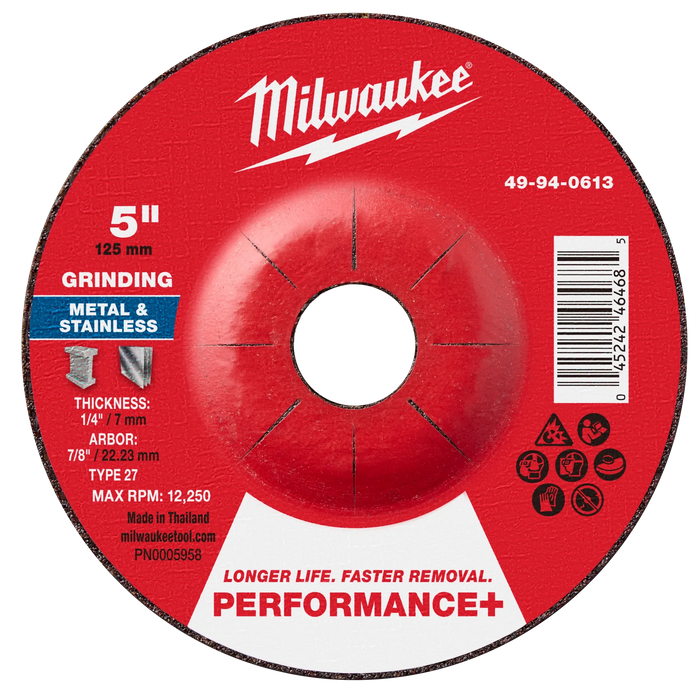 5" x 1/4" x 7/8" Performance+ Metal Grinding Wheel - Type 27
