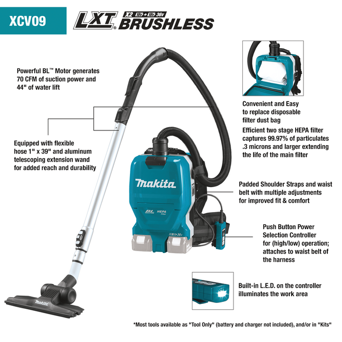 36V (18V X2) LXT® Brushless Cordless 2 Quart HEPA Filter Backpack Dry Vacuum Kit (5.0Ah)