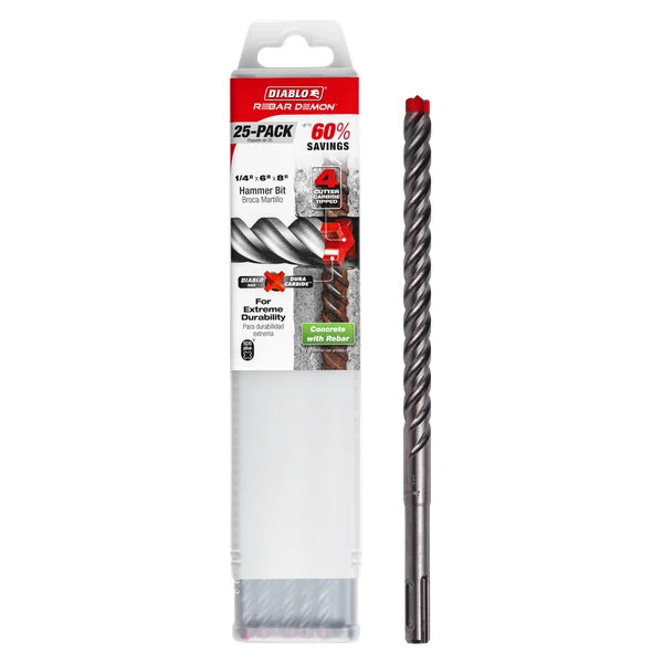 1/2" x 6" x 8" Rebar Demon SDS-Plus 4-Cutter Full Carbide Head Hammer Drill Bit (25-Pack)