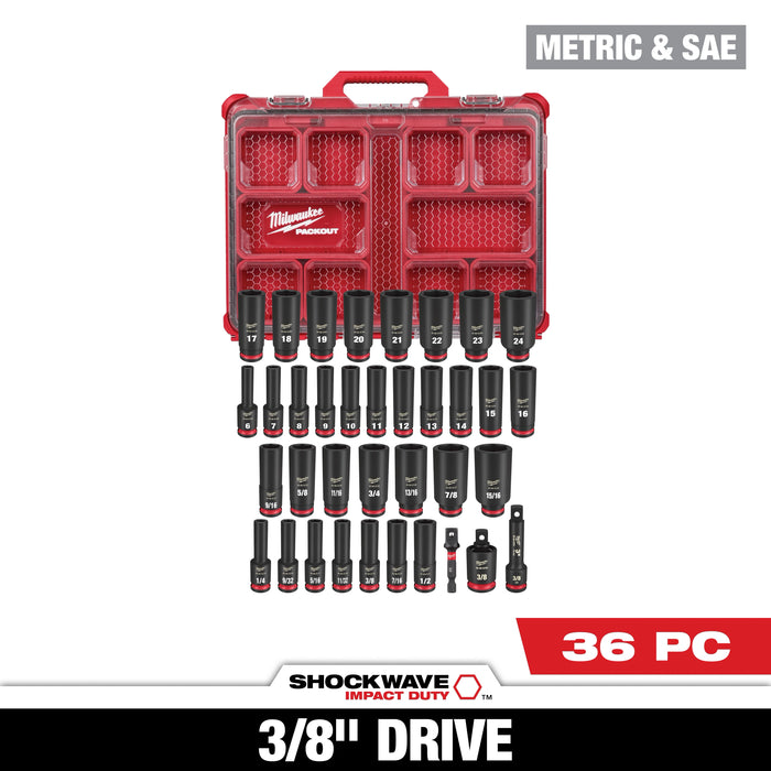 36PC SHOCKWAVE™ Impact Duty Socket 3/8” Drive Set with PACKOUT™