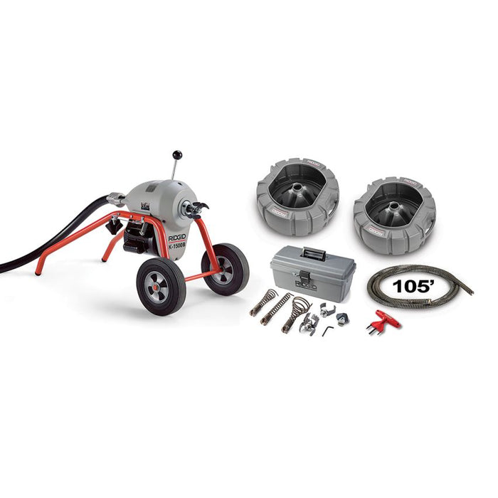 K-1500B Machine with A-1 Mitt, A-12 Pin Key, and Rear Guide Hose, Plus: Seven Sections 11/4" (32 m)(C-11) Cable, Total 105' (32 m), Two A-8 Cable Carriers, Nine-Piece 11/4" Tool Set