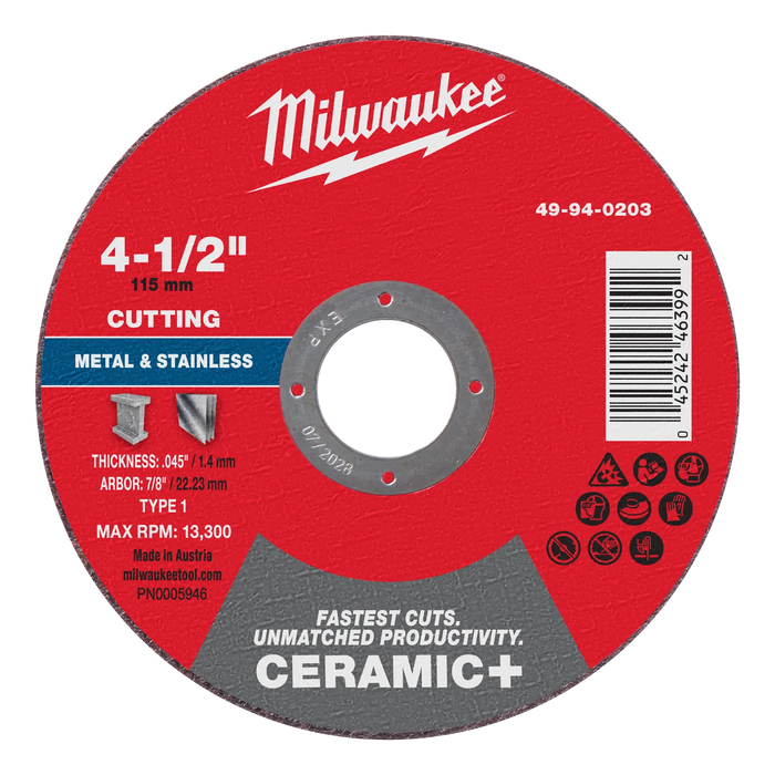 4-1/2" x .045" x 7/8" Ceramic+ Metal Cut Off Wheel -Type 1