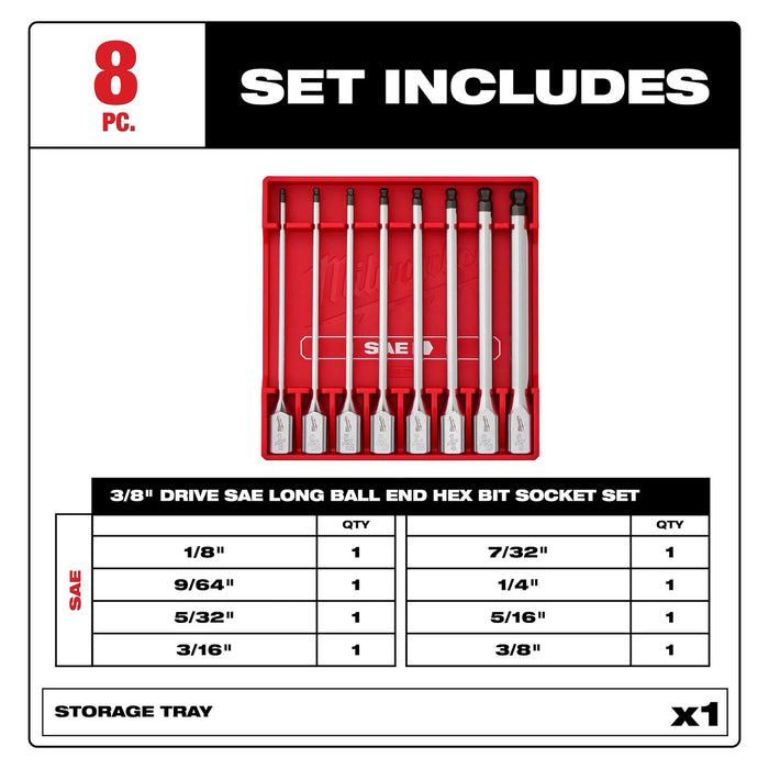 8pc 3/8” Drive Long Ball End Hex Bit Socket Set - SAE
