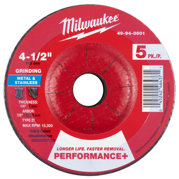 4-1/2" x 1/4" x 7/8" Performance+ Metal Grinding Wheel - Type 27 - 5pk