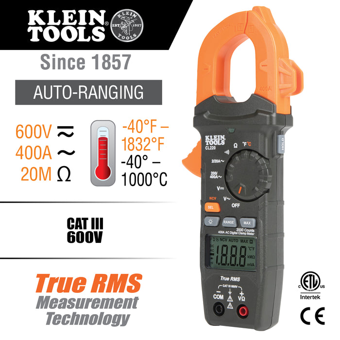 Digital Clamp Meter, AC Auto-Ranging 400 Amp with Temp