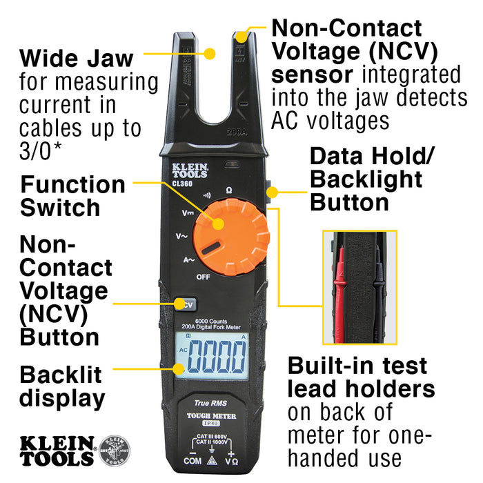 Electrical Tester, Open Jaw Fork Meter, AC Auto-Ranging, 200 Amp