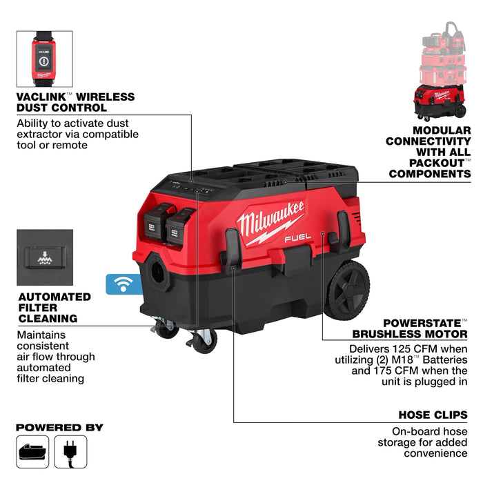 M18 FUEL™ 9 Gallon Dual Battery Dust Extractor w/ PACKOUT™ Compatibility and VACLINK™ Kit