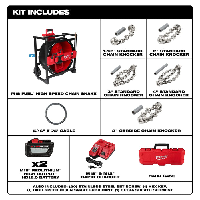 M18 FUEL™ High Speed Chain Snake for 1-1/2” – 4” Pipes