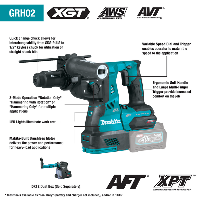 40V max XGT® Brushless Cordless 1‑1/8" SDS‑PLUS AVT® Rotary Hammer Kit, with Interchangeable Chuck, AWS® Capable (4.0Ah)