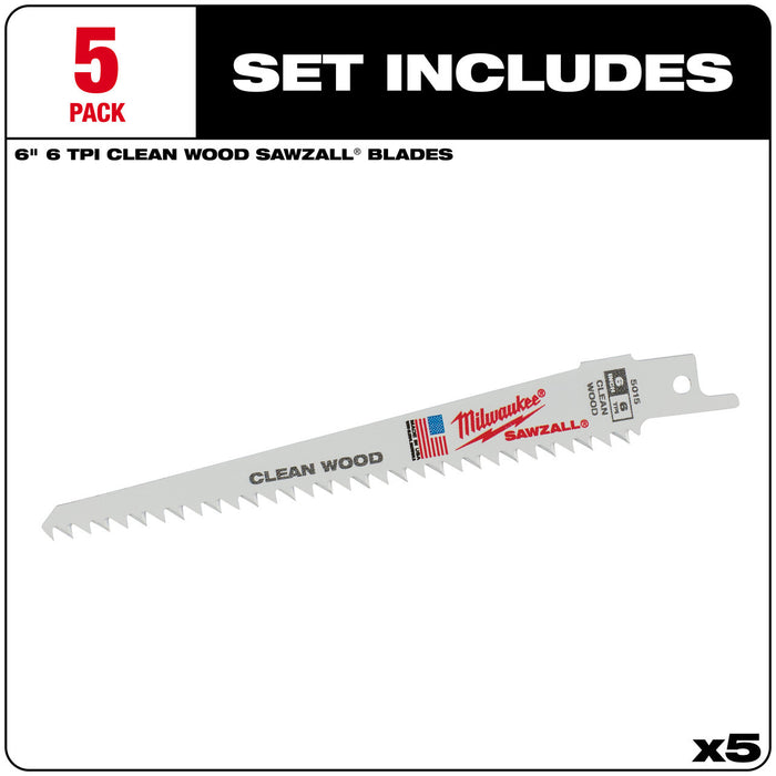 SAWZALL® Clean Wood Cutting Blades 6" 5PK