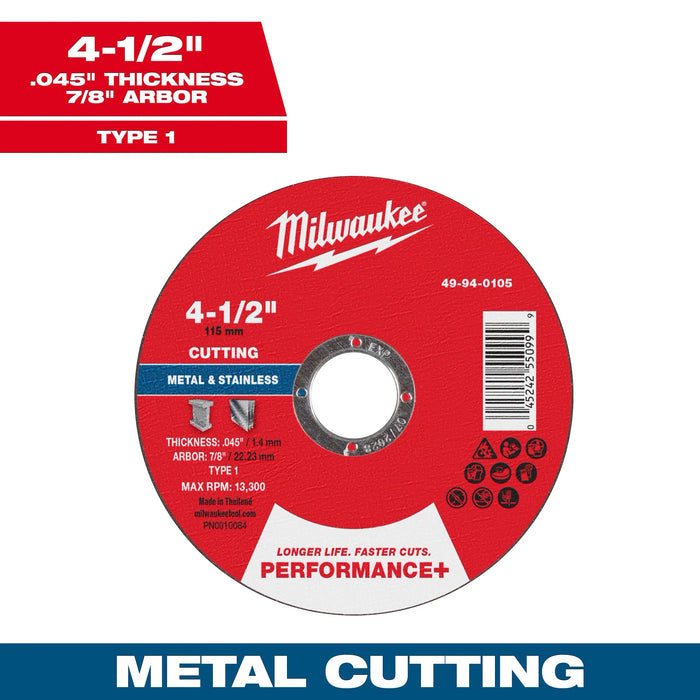 4-1/2" x .045" x 7/8" Performance+ Metal Cut Off Wheel - Type 1