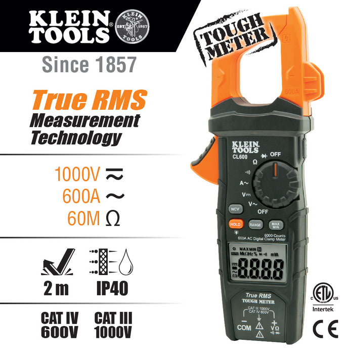 Digital Clamp Meter, True RMS, AC Auto-Ranging, 600 Amps