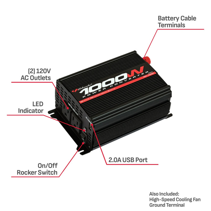 Schumacher Electric Automotive 1000 Continuous Watt/2000 Peak Watt DC to AC Power Converter with AC and USB Outlets
