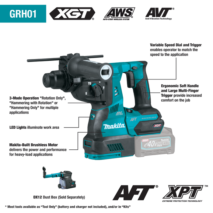 40V max XGT® Brushless Cordless 1‑1/8" SDS‑PLUS AVT® Rotary Hammer Kit, AFT®, AWS® Capable (4.0Ah)