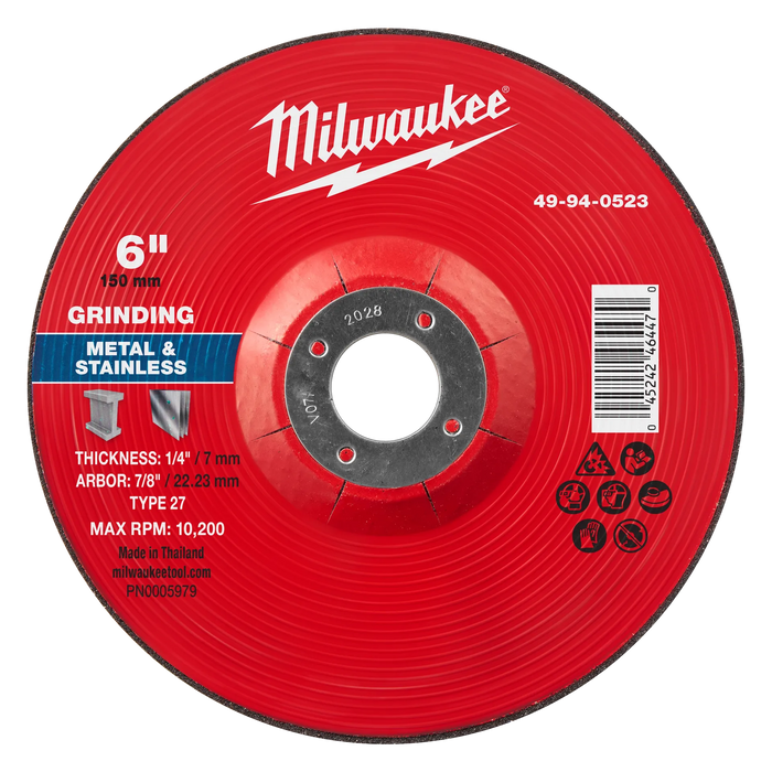 6" x 1/4" x 7/8" Metal Grinding Wheel - Type 27