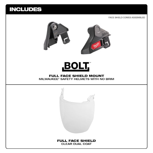 BOLT™ Full Face Shield - Clear Dual Coat Lens (Compatible with Milwaukee® Safety Helmet [No Brim])