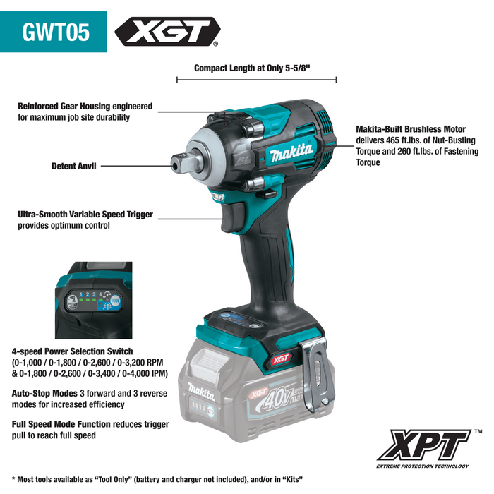 40V max XGT® Brushless Cordless 4‑Speed 1/2" Sq. Drive Impact Wrench Kit w/ Detent Anvil (2.5Ah)