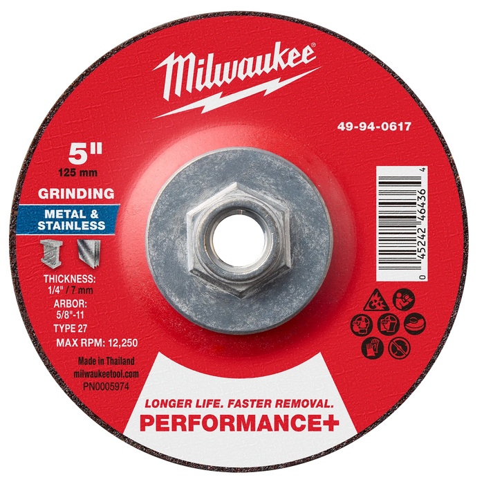5" x 1/4" x 5/8"-11 Performance+ Metal Grinding Wheel - Type 27