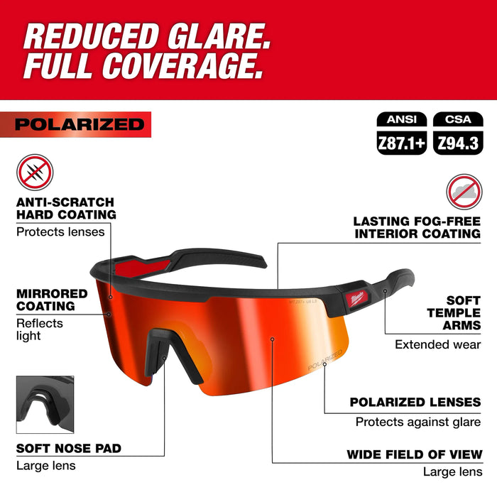Polarized Wrap Around Safety Glasses - Red Mirrored Dual Coat Lenses