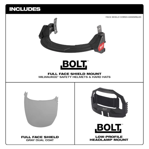 BOLT™ Full Face Shield - Gray Dual Coat Lens (Compatible with Milwaukee® Safety Helmets & Hard Hats)