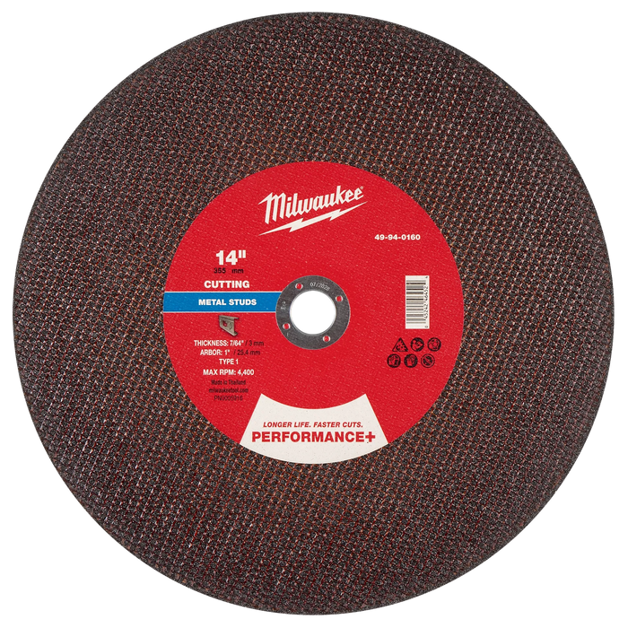 14" x 7/64" x 1" Performance+ Metal Cut Off Wheel - Type 1 - Stud Cutter