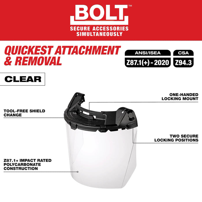 BOLT™ Task Full Face Shield - Clear Uncoated Lens (Compatible with Milwaukee® BOLT™ Safety Helmets & BOLT™ Hard Hats)