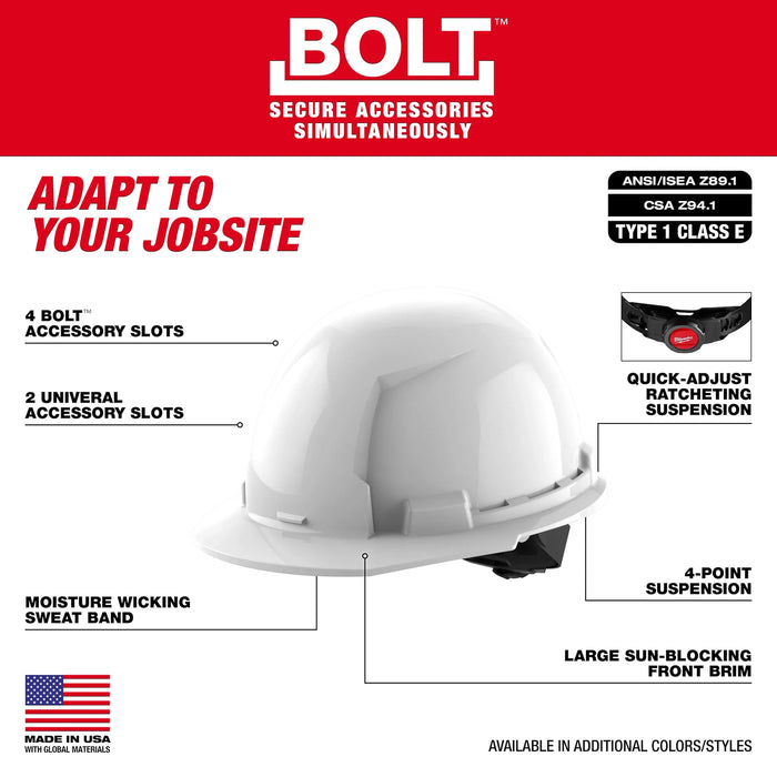 BOLT White Front Brim Hard Hat w/4pt Ratcheting Suspension (USA) - Type 1, Class E
