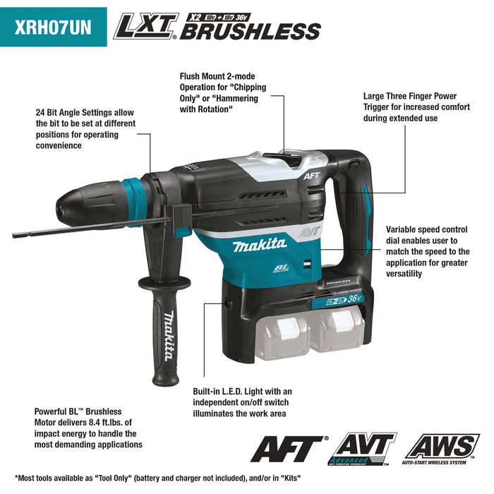 36V (18V X2) LXT® Brushless 1‑9/16" SDS‑MAX Advanced AVT® Rotary Hammer Kit, AFT®, AWS® (5.0Ah)