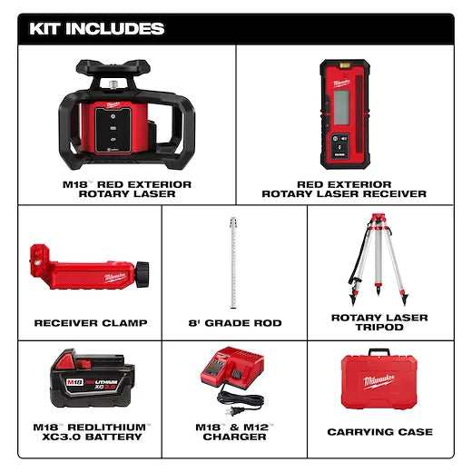 M18 Red Exterior Rotary Laser Level Kit w/ Receiver, Tripod, & Grade Rod