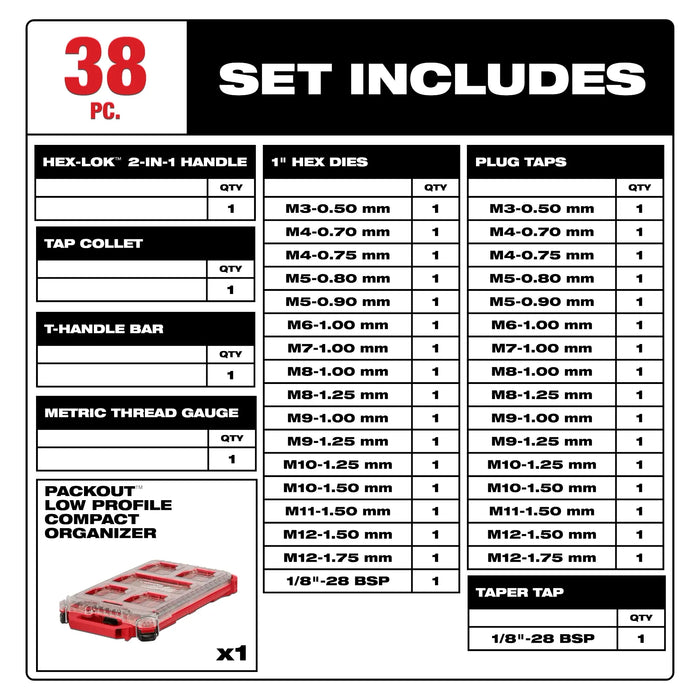 38PC Metric Tap & Die PACKOUT™ Set w/ Hex-LOK™ 2-in-1 Handle