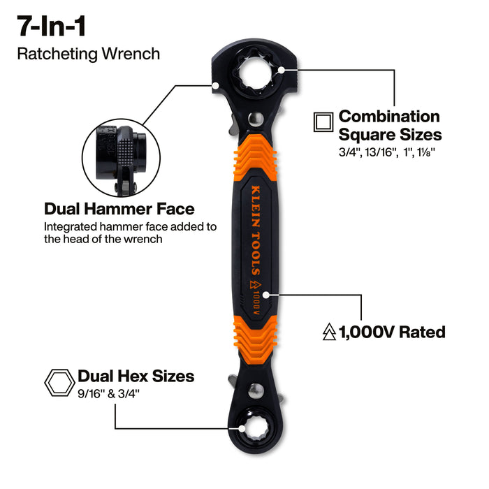 7-in-1 Hammer Facing Insulated Lineman Wrench