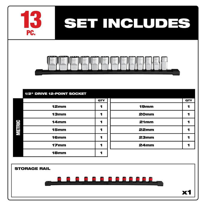 13pc 1/2” Drive 12-Point Metric Socket Set