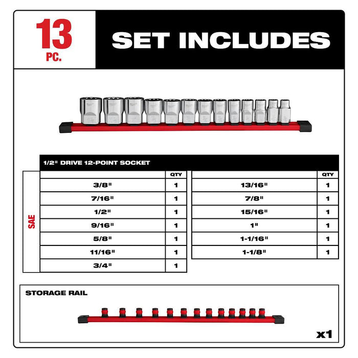 13pc 1/2” Drive 12-Point SAE Socket Set