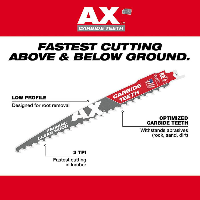 12" 3 TPI The AX™ with Carbide Teeth for Pruning & Clean Wood SAWZALL® Blade 1PK