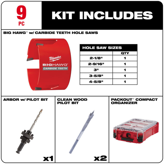 9 PC BIG HAWG™ with Carbide Teeth Hole Saw Kit w/ PACKOUT™ Compact Organizer