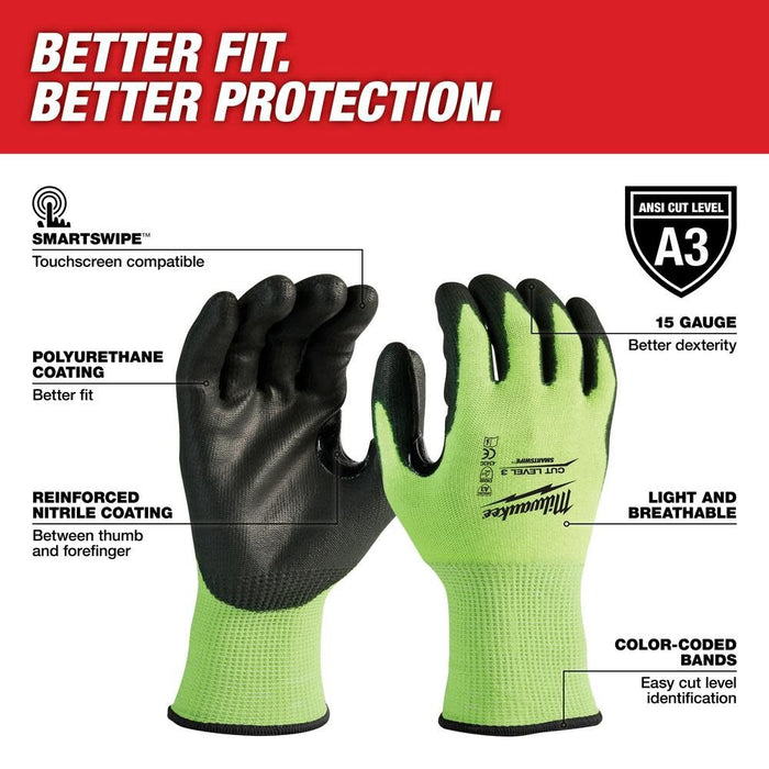 X-Large High Visibility Level 3 Cut Resistant Polyurethane Dipped Work Gloves