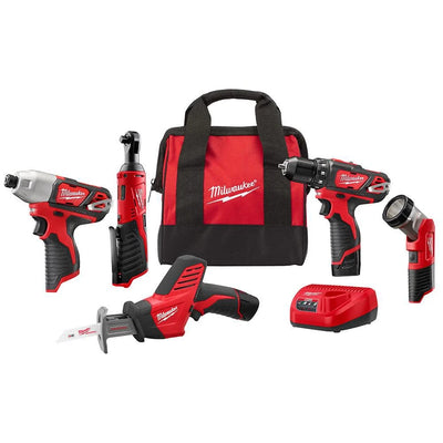 M12 12V Lithium-Ion Cordless Combo Kit (5-Tool) with Two 1.5 Ah Batteries, Charger and Tool Bag
