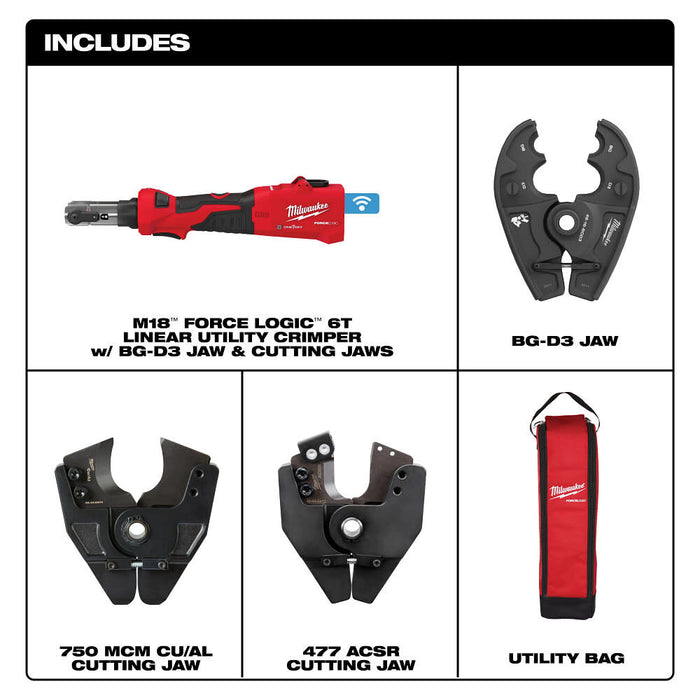 M18™ FORCE LOGIC™ 6T Linear Utility Crimper w/ BG-D3 Jaw & Cutting Jaws