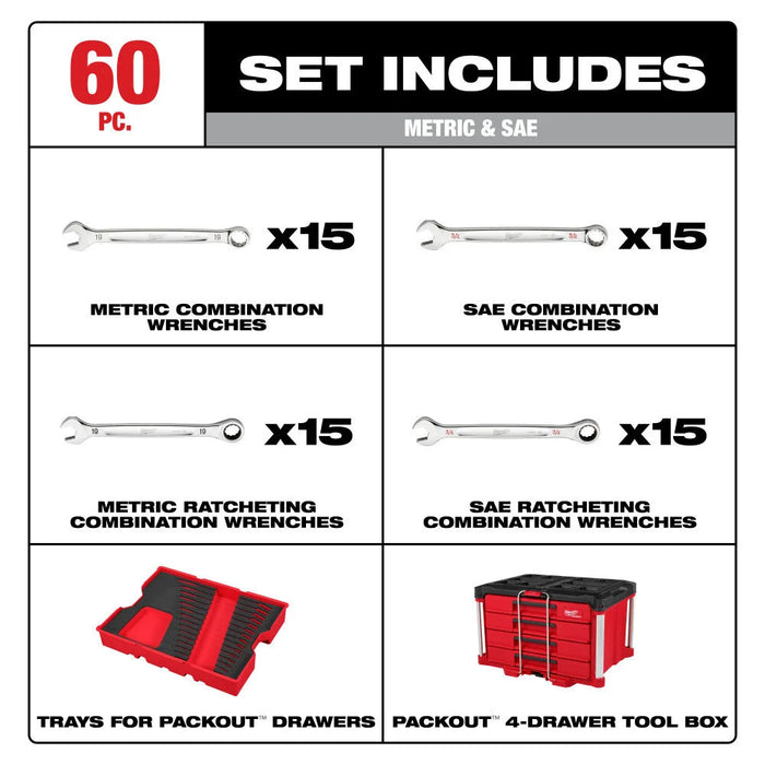 60pc. Metric & SAE Combination Wrench Set with PACKOUT™ 4-Drawer Tool Box