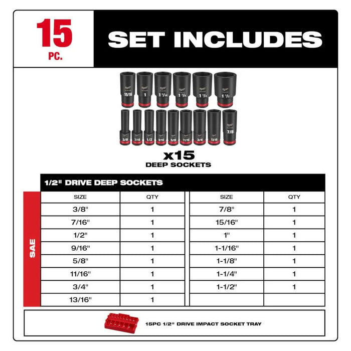 15PC SHOCKWAVE™ Impact Duty Socket 1/2” Drive SAE TRAY Set