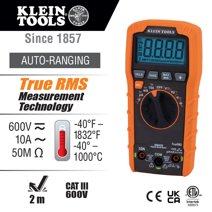 Digital Multimeter, TRMS Auto-Ranging, 600V, Temp