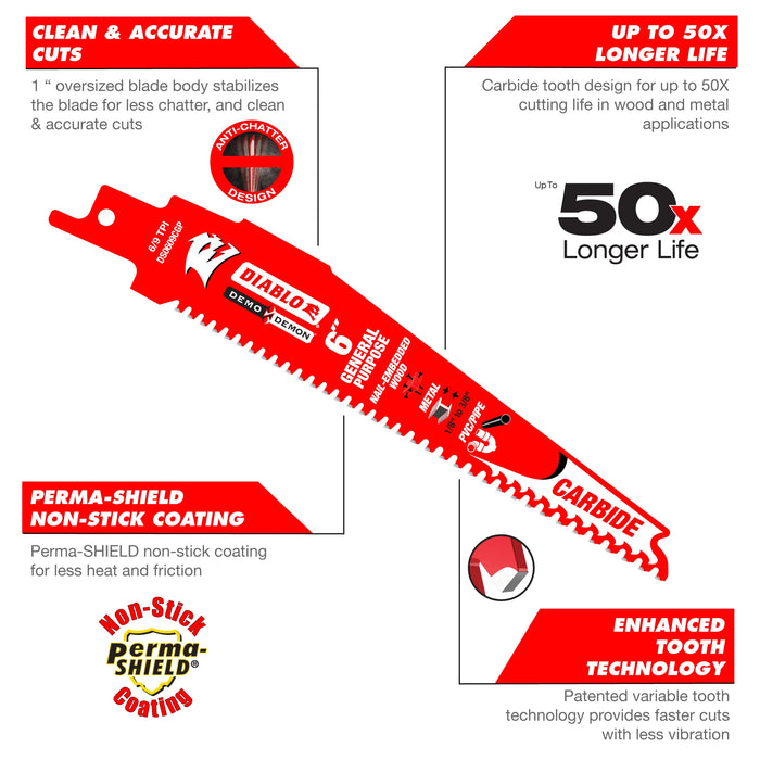 9" 6/9TPI Demo Demon™ Carbide Teeth Reciprocating Saw Blade for General Purpose Cuts