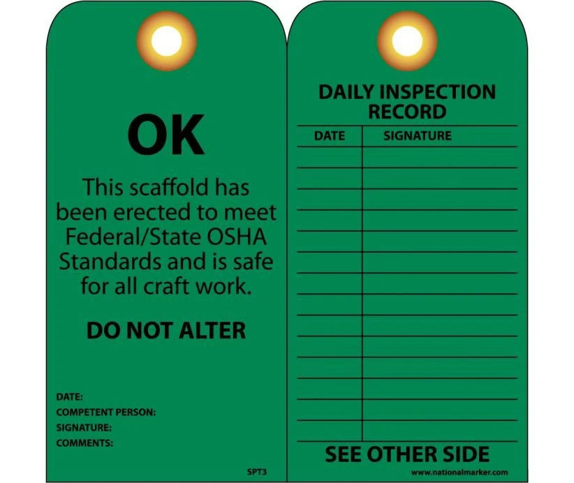 Scaffold Status Tags for Scaffold Inspection Tag Holders, Green, "OK"