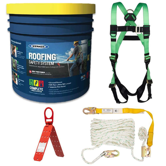 Werner Roofing Safety System, Premium Pass-Thru Buckle Harness, Back D-Ring, 50ft Lifeline, Anchor, Bucket