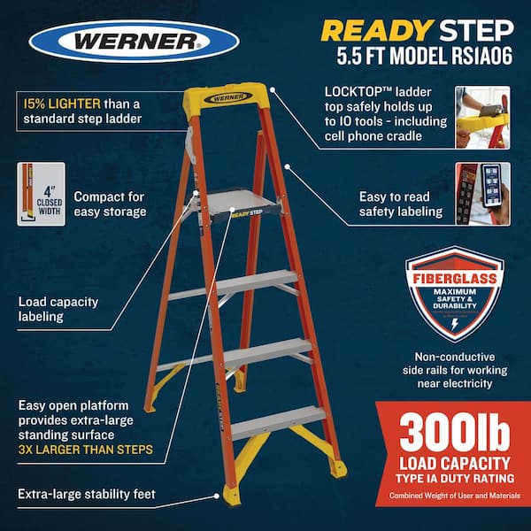 Werner Ready Step Ladder 5.5ft with 300 lb. Load Capacity Type IA Duty Rating